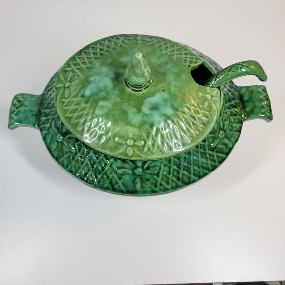 Marcia Of California Pottery Soup Tureen Green MCM Serving Bowl Ladle Lid USA - Picture 10 of 13